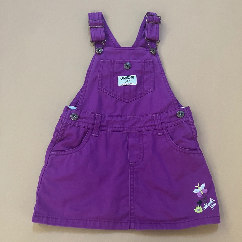 Vintage OshKosh‎ Girl Purple Embroidered Butterfly Denim Overalls Dress 2T Girls